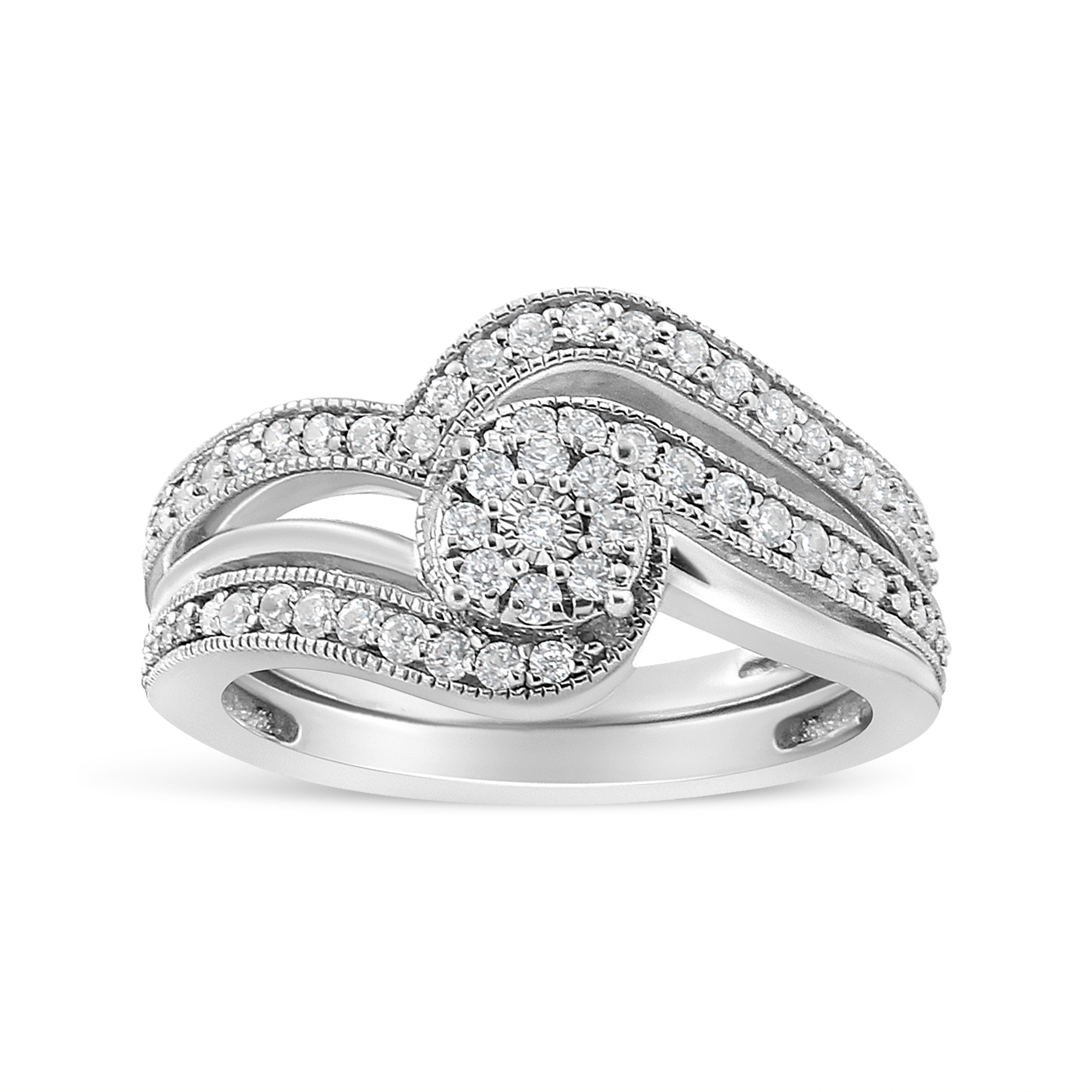 925 Sterling Silver 13ct Cttw Multi-Diamond Bypass Vintage-Style Bridal Set 372$